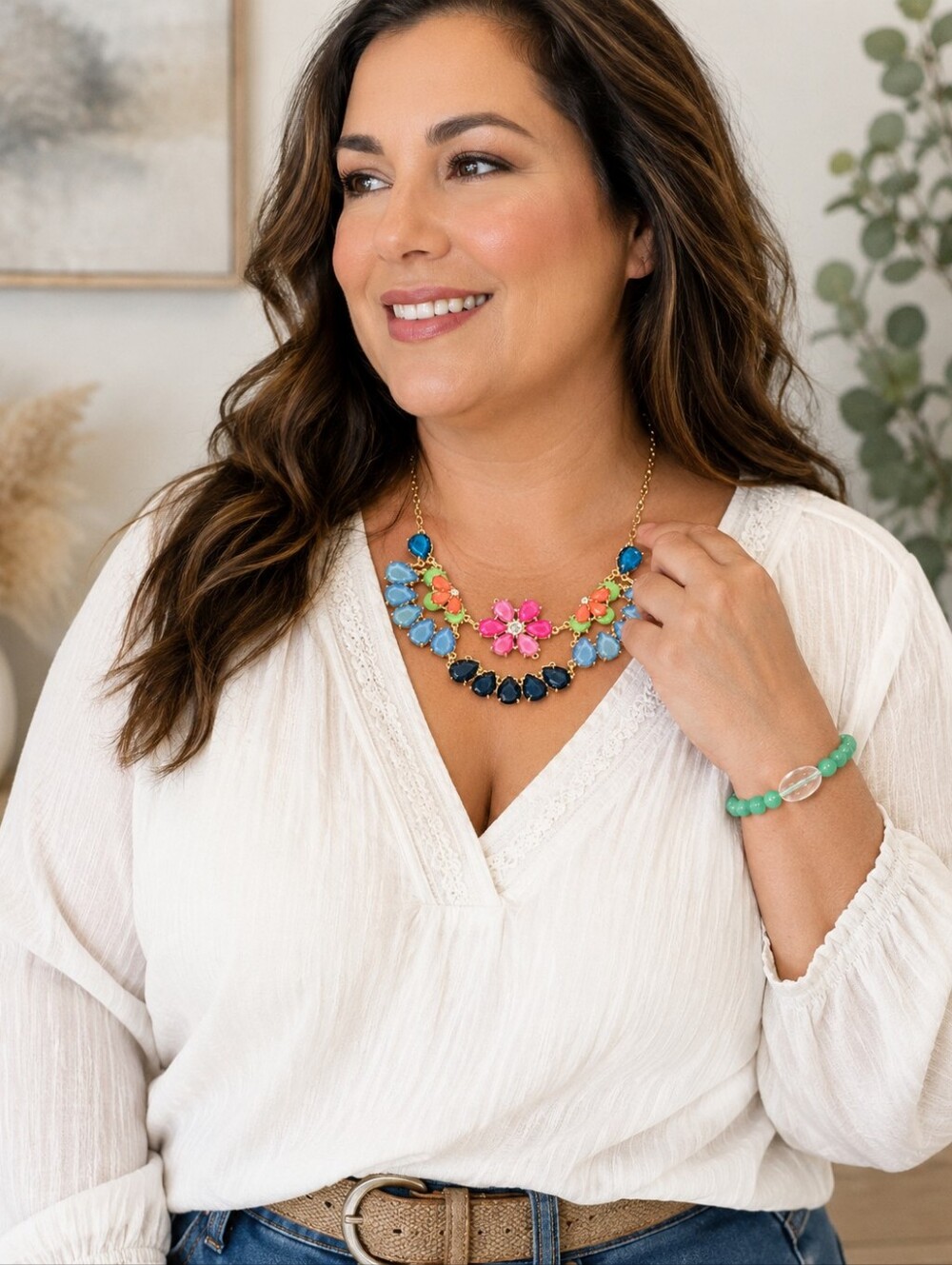Colorful Floral Statement Bib Necklace & Green Beaded Stretch Bracelet Set 18"